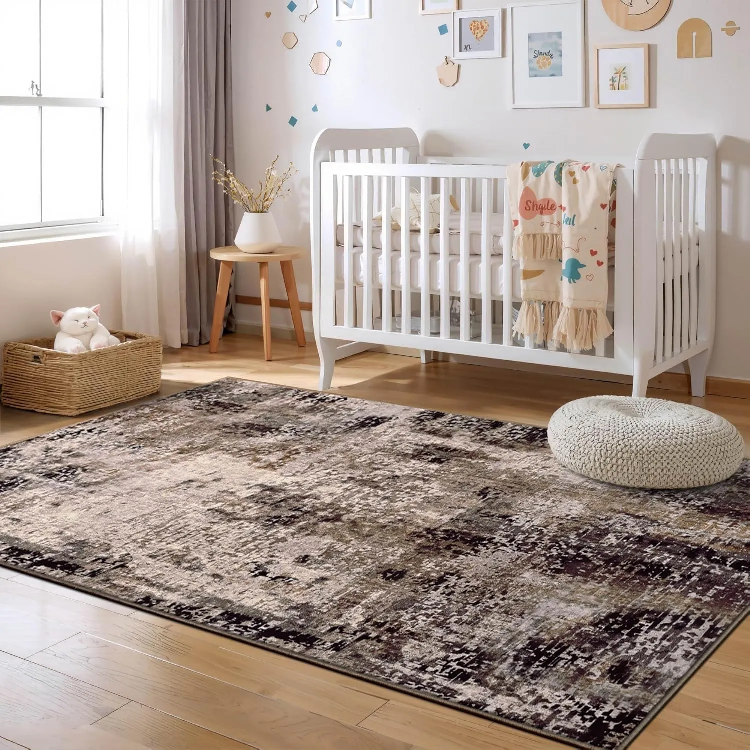 Area Rug 4x6 Brown Rug Washable Boho Rugs Non Slip Low Pile Abstract Coffee Small Carpet for Entryway, Bedroom, Kitchen, Classroom, Kids Room, Office, Dorm, Dining Room