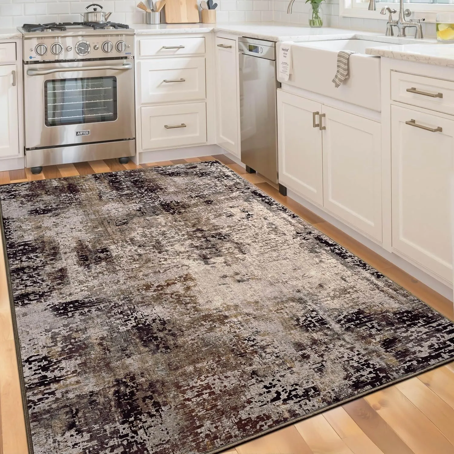 Area Rug 4x6 Brown Rug Washable Boho Rugs Non Slip Low Pile Abstract Coffee Small Carpet for Entryway, Bedroom, Kitchen, Classroom, Kids Room, Office, Dorm, Dining Room