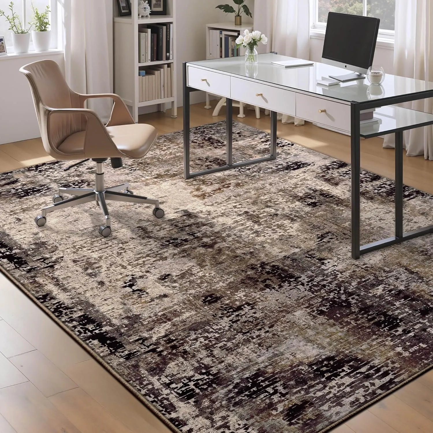 Area Rug 4x6 Brown Rug Washable Boho Rugs Non Slip Low Pile Abstract Coffee Small Carpet for Entryway, Bedroom, Kitchen, Classroom, Kids Room, Office, Dorm, Dining Room