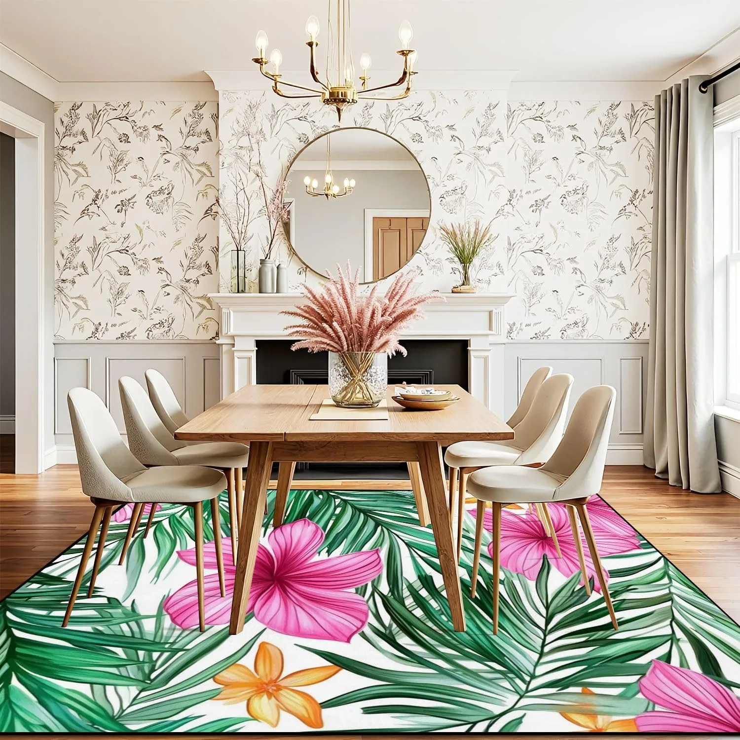 Area Rug Tropical Leaves Flowers Seamless Pattern Hand Washable 4x5 feet Rugs for Bedroom Kitchen Living Room Non Slip Outdoor Carpets Soft Mats for Home Playroom Decor