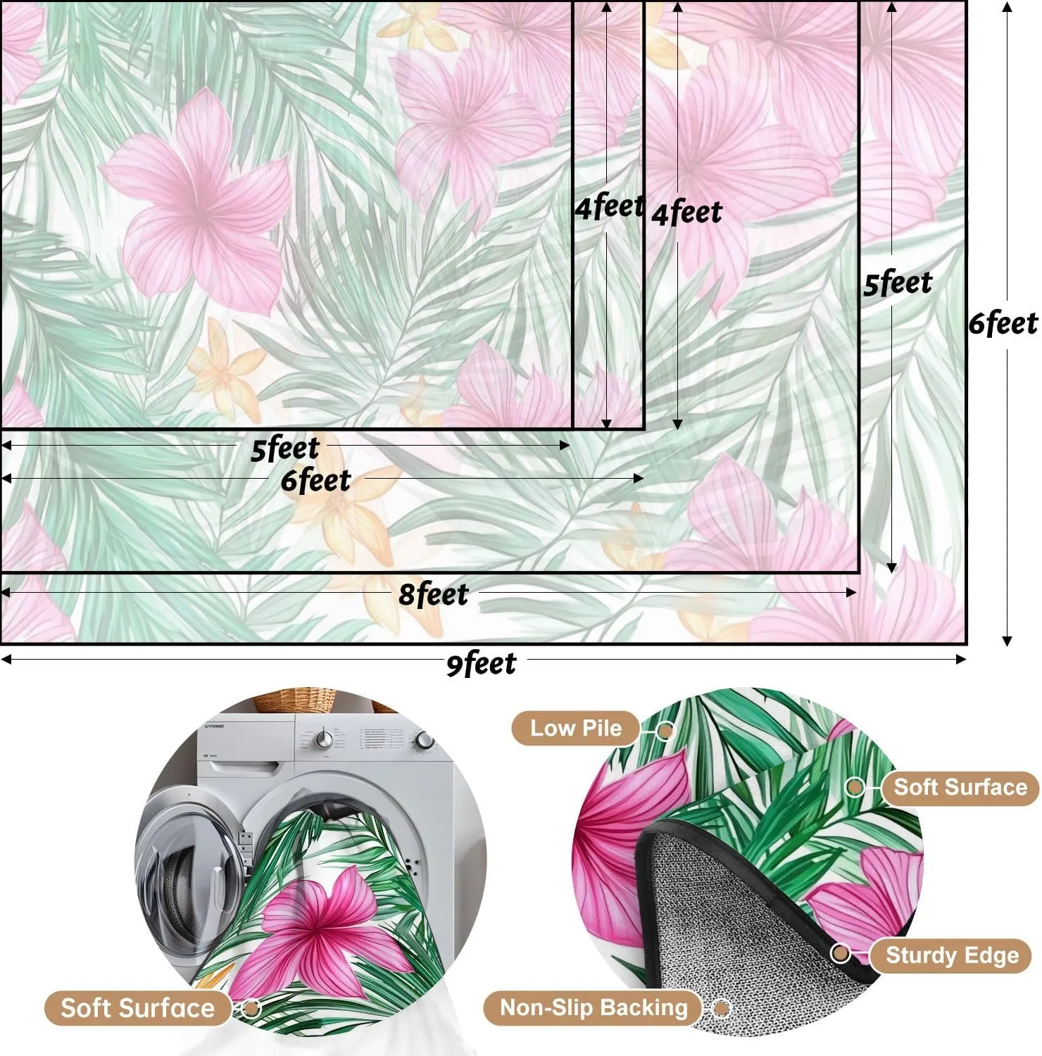 Area Rug Tropical Leaves Flowers Seamless Pattern Hand Washable 4x5 feet Rugs for Bedroom Kitchen Living Room Non Slip Outdoor Carpets Soft Mats for Home Playroom Decor