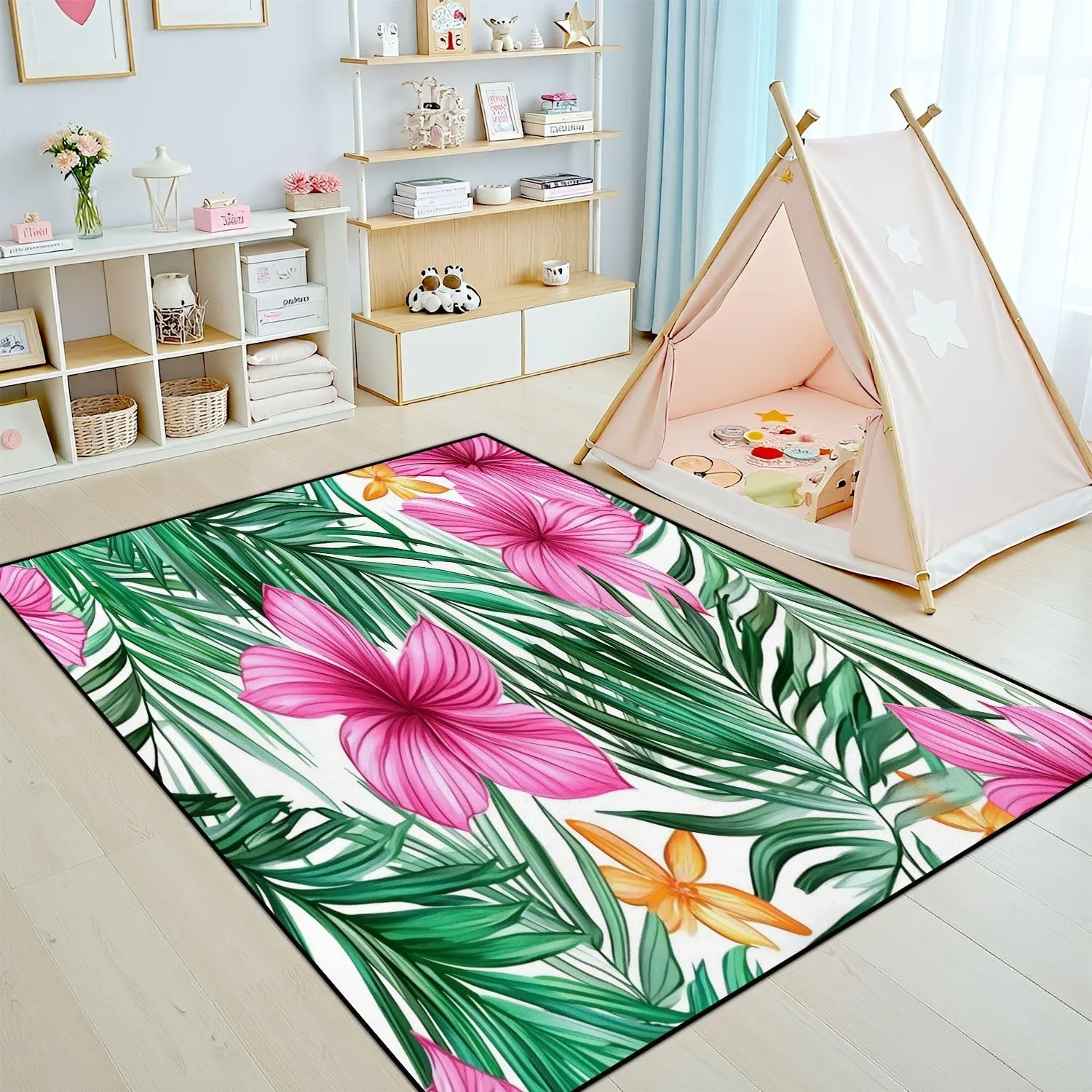 Area Rug Tropical Leaves Flowers Seamless Pattern Hand Washable 4x5 feet Rugs for Bedroom Kitchen Living Room Non Slip Outdoor Carpets Soft Mats for Home Playroom Decor