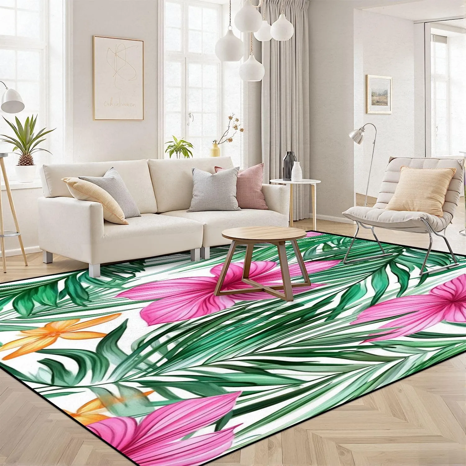 Area Rug Tropical Leaves Flowers Seamless Pattern Hand Washable 4x5 feet Rugs for Bedroom Kitchen Living Room Non Slip Outdoor Carpets Soft Mats for Home Playroom Decor