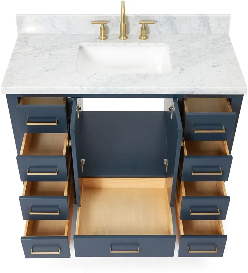 ARIEL Cambridge 43 Inch Bathroom Vanity with Sink, Blue Bathroom Vanity, Solid Wood Midnight Blue Vanity Cabinet, Carrara Marble Top 1.5" Edge, Undermount Single Sink, 2 Soft Closing Doors, 9 Drawers