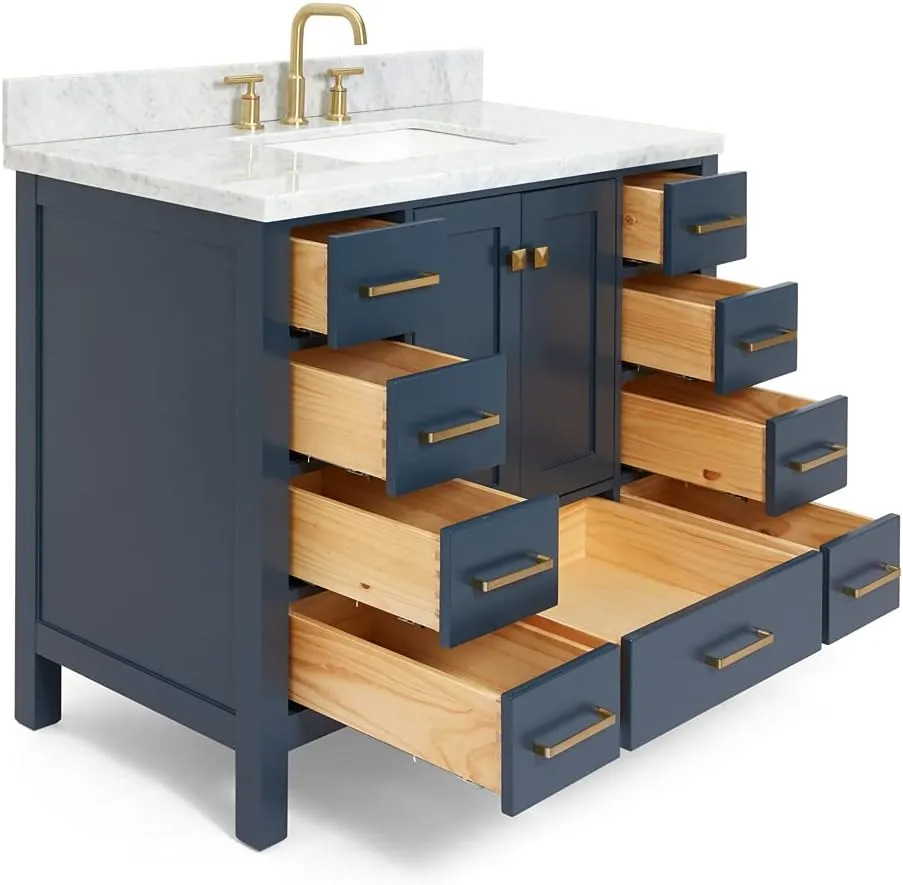 ARIEL Cambridge 43 Inch Bathroom Vanity with Sink, Blue Bathroom Vanity, Solid Wood Midnight Blue Vanity Cabinet, Carrara Marble Top 1.5" Edge, Undermount Single Sink, 2 Soft Closing Doors, 9 Drawers