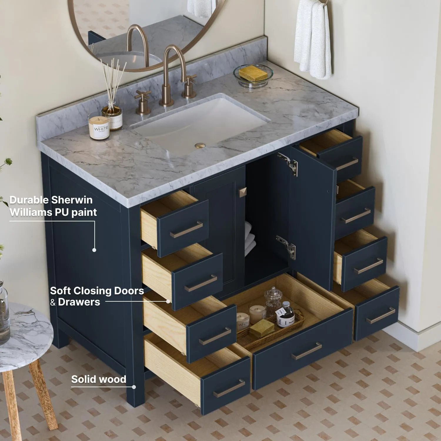ARIEL Cambridge 43 Inch Bathroom Vanity with Sink, Blue Bathroom Vanity, Solid Wood Midnight Blue Vanity Cabinet, Carrara Marble Top 1.5" Edge, Undermount Single Sink, 2 Soft Closing Doors, 9 Drawers