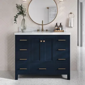 ARIEL Cambridge 43 Inch Bathroom Vanity with Sink, Blue Bathroom Vanity, Solid Wood Midnight Blue Vanity Cabinet, Carrara Marble Top 1.5" Edge, Undermount Single Sink, 2 Soft Closing Doors, 9 Drawers