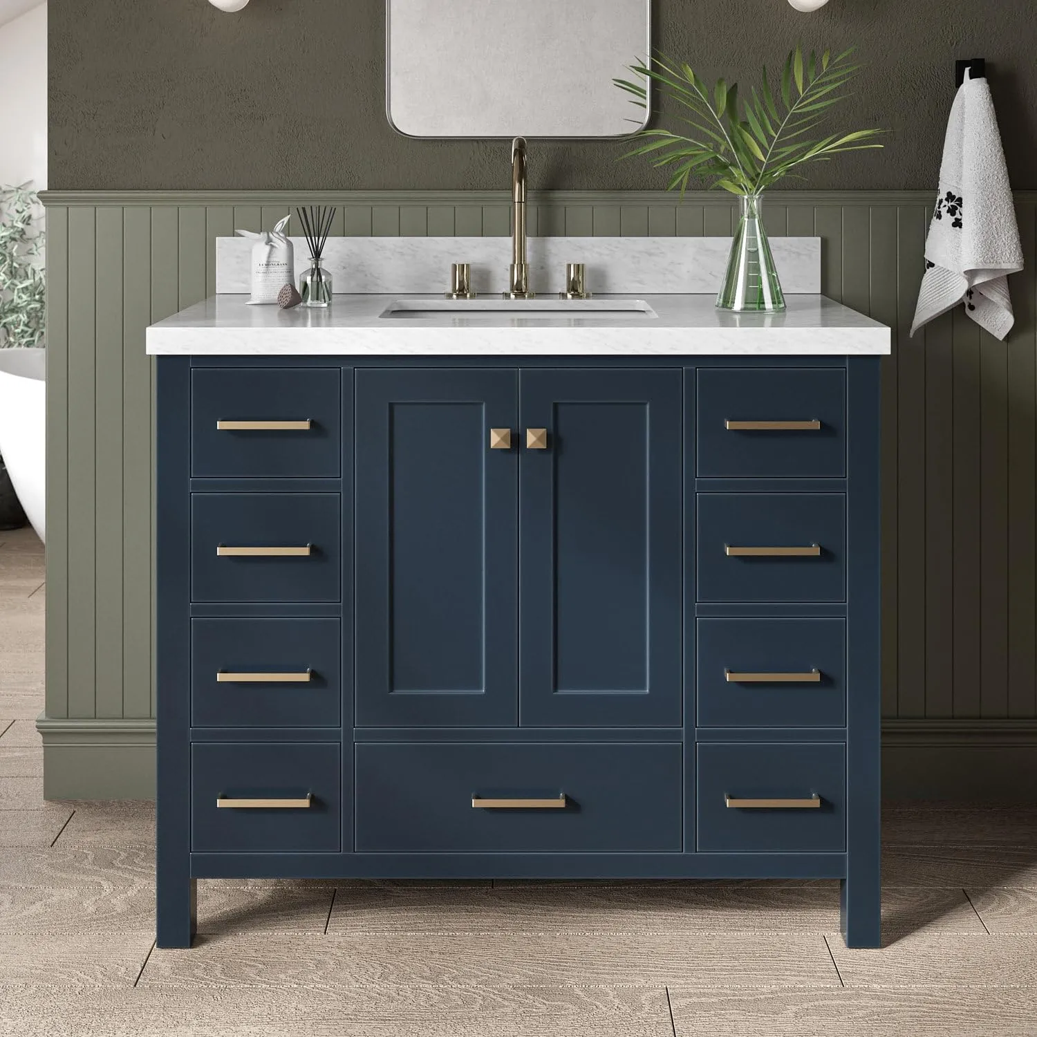 ARIEL Cambridge 43 Inch Bathroom Vanity with Sink, Blue Bathroom Vanity, Solid Wood Midnight Blue Vanity Cabinet, Carrara Marble Top 1.5" Edge, Undermount Single Sink, 2 Soft Closing Doors, 9 Drawers