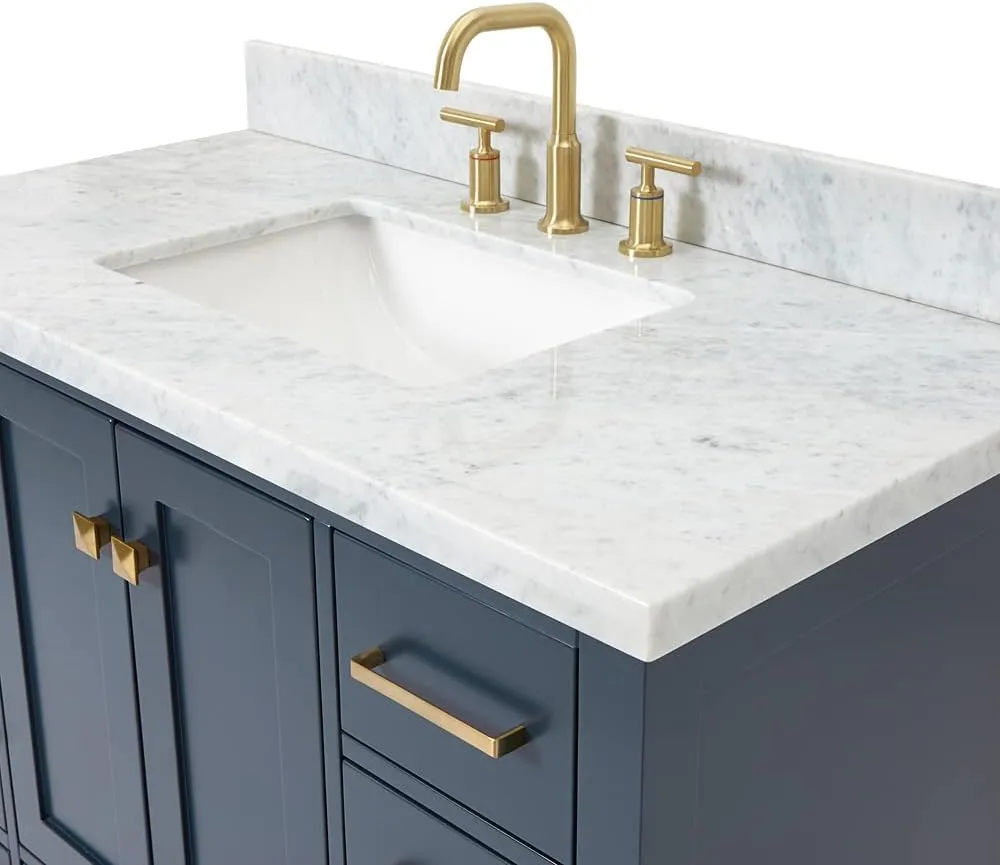 ARIEL Cambridge 43 Inch Bathroom Vanity with Sink, Blue Bathroom Vanity, Solid Wood Midnight Blue Vanity Cabinet, Carrara Marble Top 1.5" Edge, Undermount Single Sink, 2 Soft Closing Doors, 9 Drawers