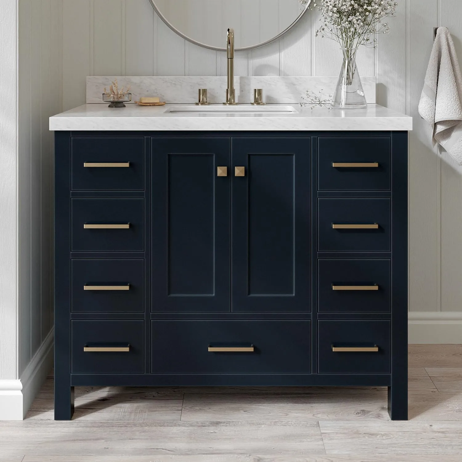 ARIEL Cambridge 43 Inch Bathroom Vanity with Sink, Blue Bathroom Vanity, Solid Wood Midnight Blue Vanity Cabinet, Carrara Marble Top 1.5" Edge, Undermount Single Sink, 2 Soft Closing Doors, 9 Drawers
