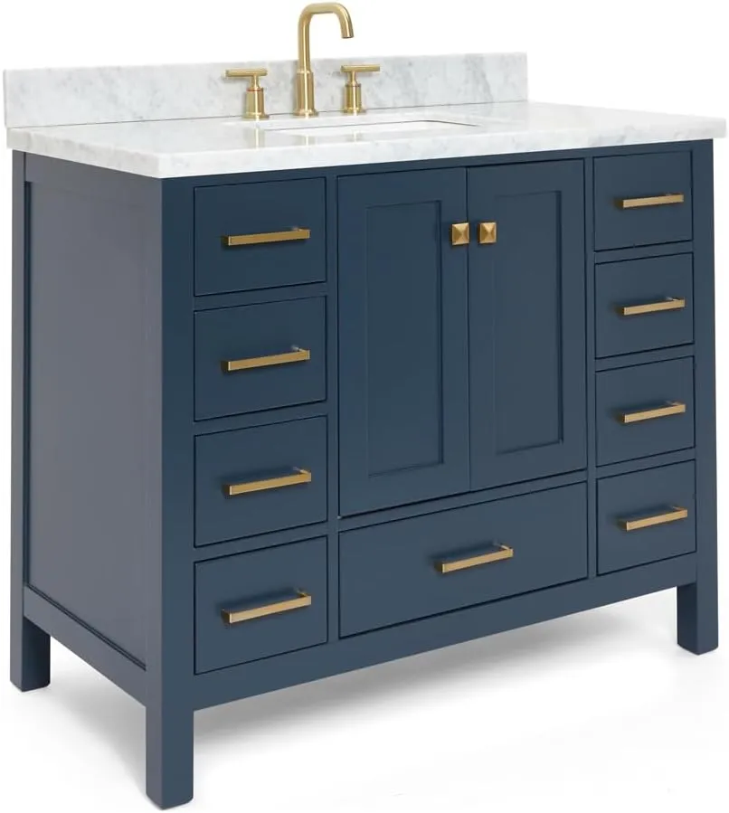 ARIEL Cambridge 43 Inch Bathroom Vanity with Sink, Blue Bathroom Vanity, Solid Wood Midnight Blue Vanity Cabinet, Carrara Marble Top 1.5" Edge, Undermount Single Sink, 2 Soft Closing Doors, 9 Drawers
