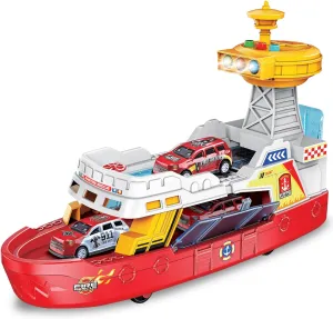 ArtCreativity Light Up Boat Toy with Sounds - Colorful Fire Dept Model Ship with Wheels & 3 Alloy Metal Cars - Kids Ferry Boat for Imaginative Play - Kids Birthday Gift Party Favor