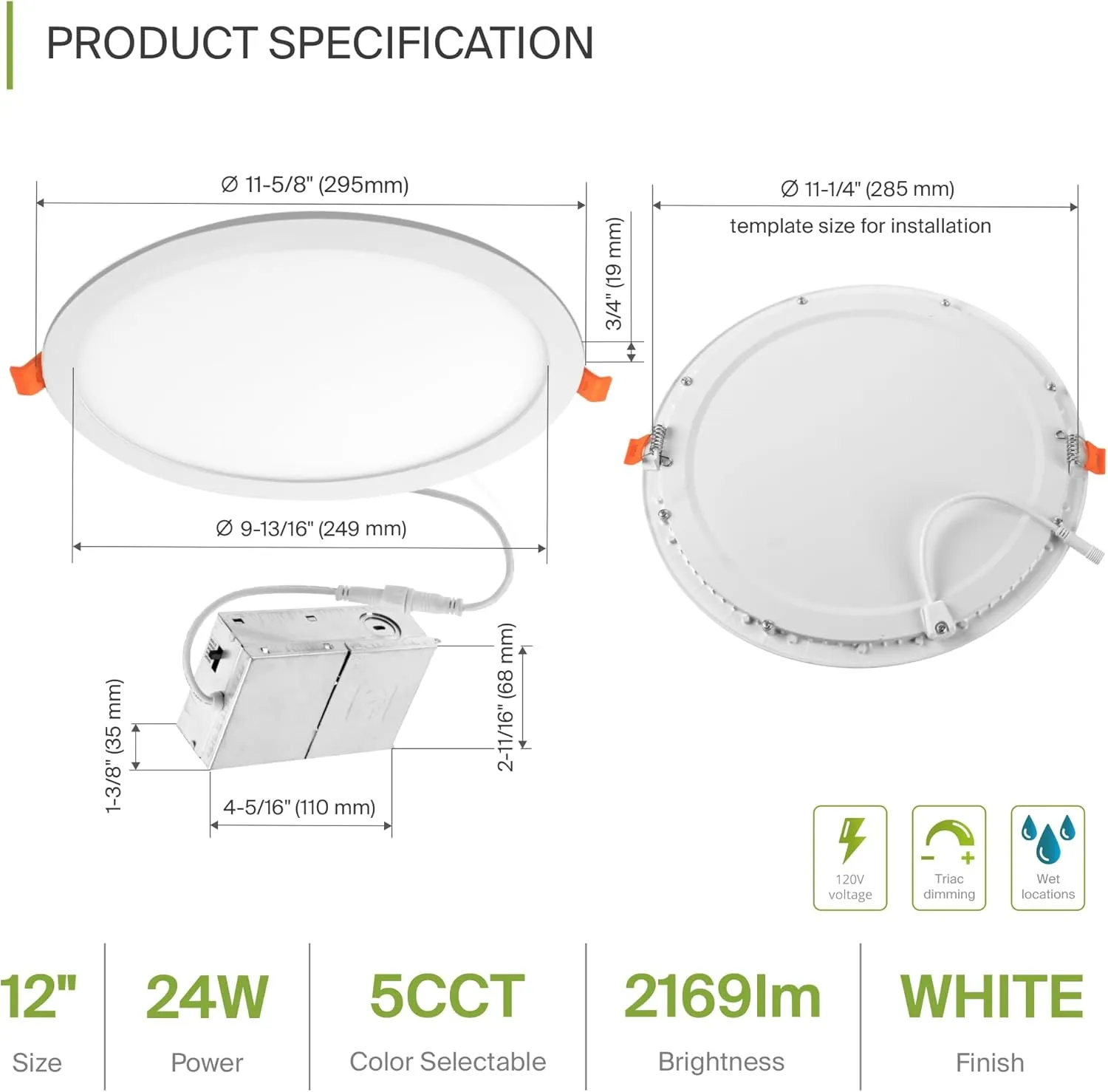 ASD 4 Pack 12 Inch LED Recessed Lighting, 5 CCT 2700K-5000K CRI90 , 24W 90W Eqv, Ultra Thin Dimmable Ceiling Lights with J Box, Canless Wafer Downlight, Round Slim Panel Light, UL Energy Star, White