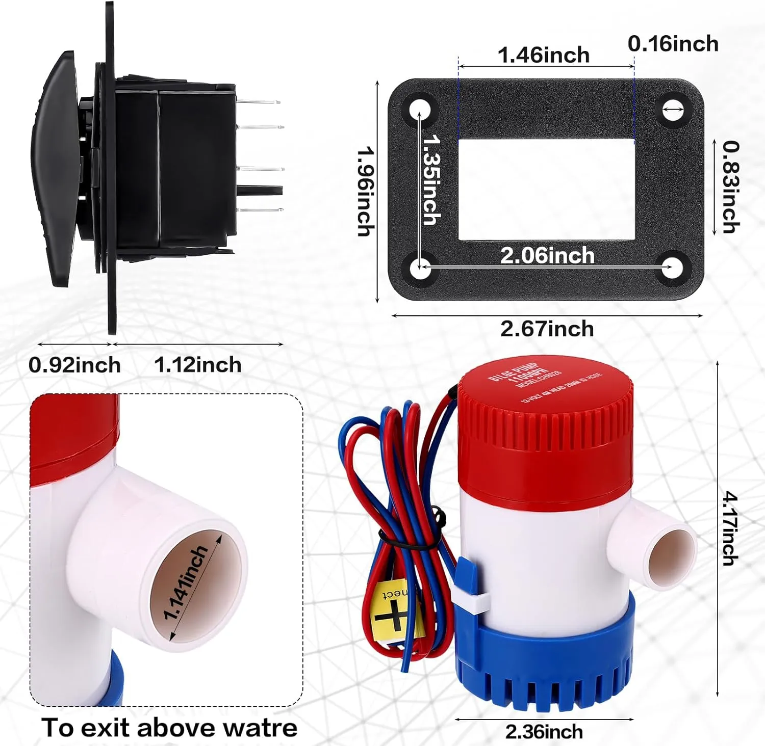 Automatic Bilge Pump Boat Bilge Pump 12v 24v 3 Way Switch Panel with Built-in Circuit Breaker Plumbing Installation Kit for Boat Accessories (1100gph, 20a)