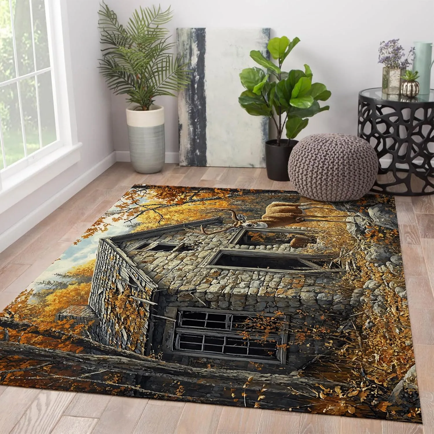 Autumn Forest Area Rugs Country Farmhouse and Cute Deers Print Low Pile Carpet for Living Room Bedroom Entry Floor Mat Washable 3'x4'