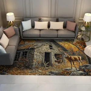 Autumn Forest Area Rugs Country Farmhouse and Cute Deers Print Low Pile Carpet for Living Room Bedroom Entry Floor Mat Washable 3'x4'