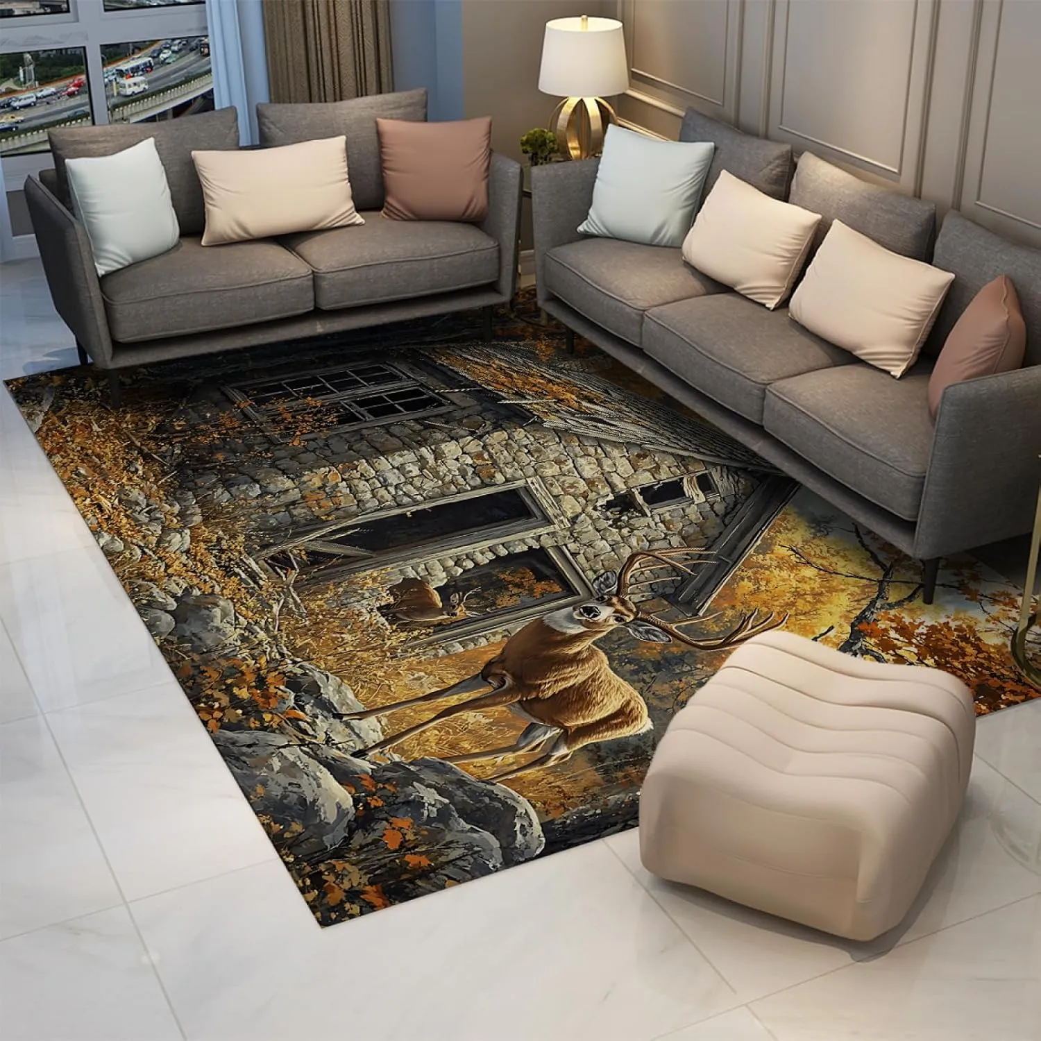 Autumn Forest Area Rugs Country Farmhouse and Cute Deers Print Low Pile Carpet for Living Room Bedroom Entry Floor Mat Washable 3'x4'