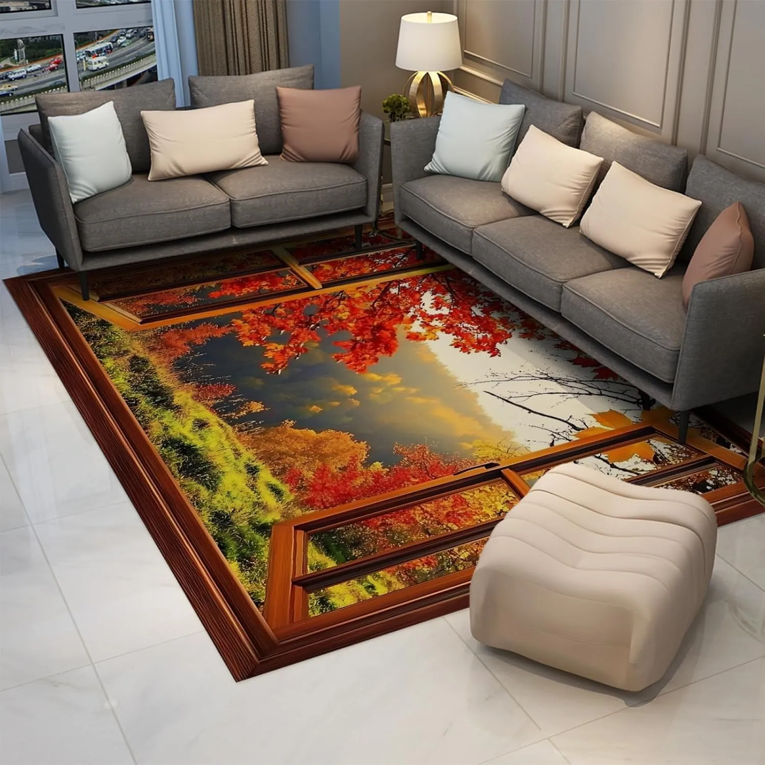 Autumn Forest Scenery Area Rugs 3D Window Scene with Red Leaves Print Thin Carpet for Living Reading Room Bedroom Floor Mat 7'x8'