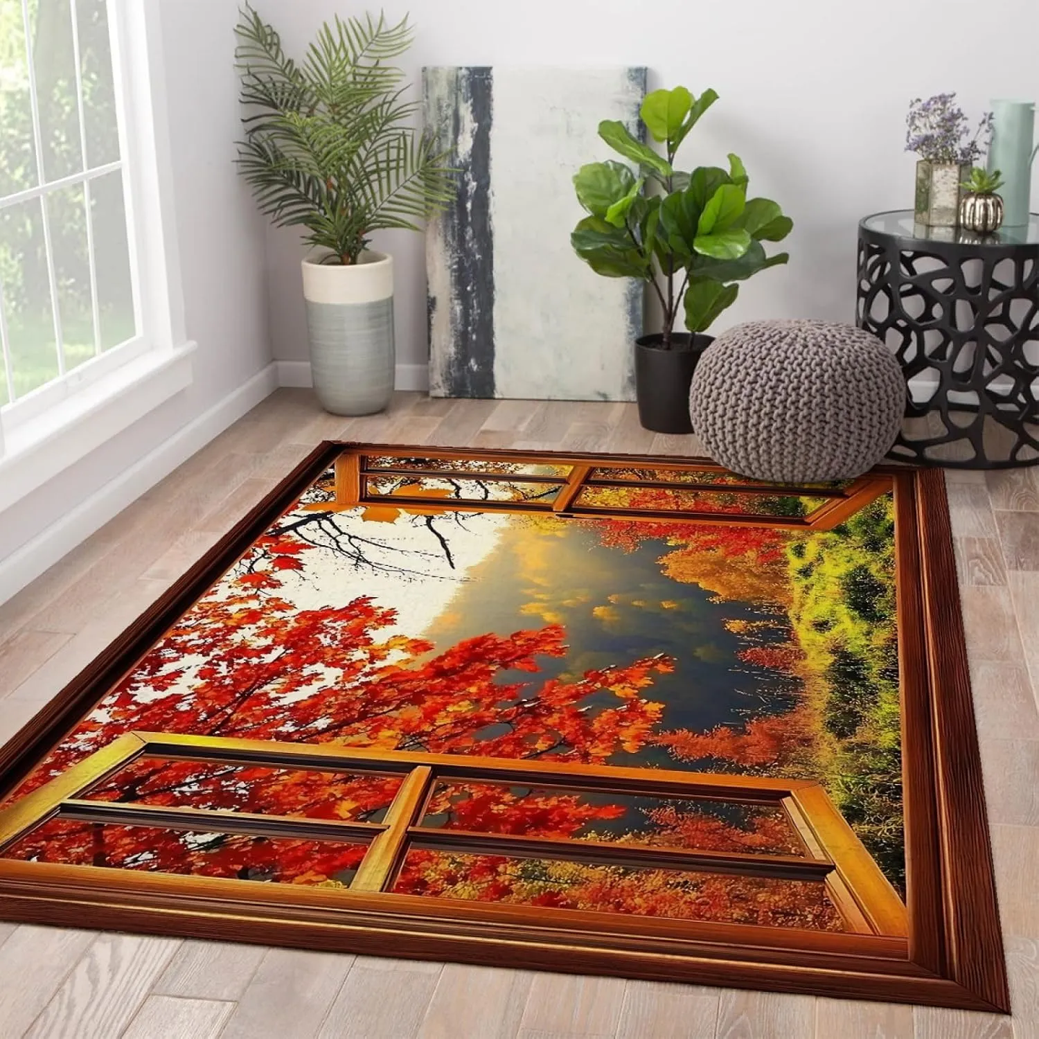 Autumn Forest Scenery Area Rugs 3D Window Scene with Red Leaves Print Thin Carpet for Living Reading Room Bedroom Floor Mat 7'x8'