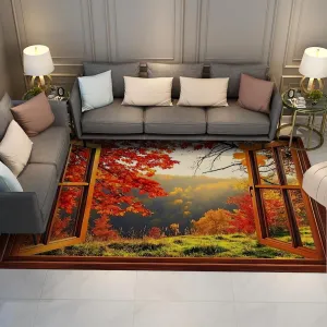 Autumn Forest Scenery Area Rugs 3D Window Scene with Red Leaves Print Thin Carpet for Living Reading Room Bedroom Floor Mat 7'x8'