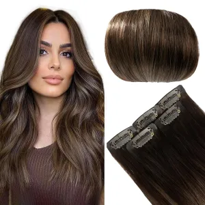 Balayage Human Hair Clip in Hair Extensions with Invisible PU Skin Weft Dark Brown Mixed Ash Brown Remy Hair Seamless Clip in Real Human Hair 30g 5pcs 16 Inch