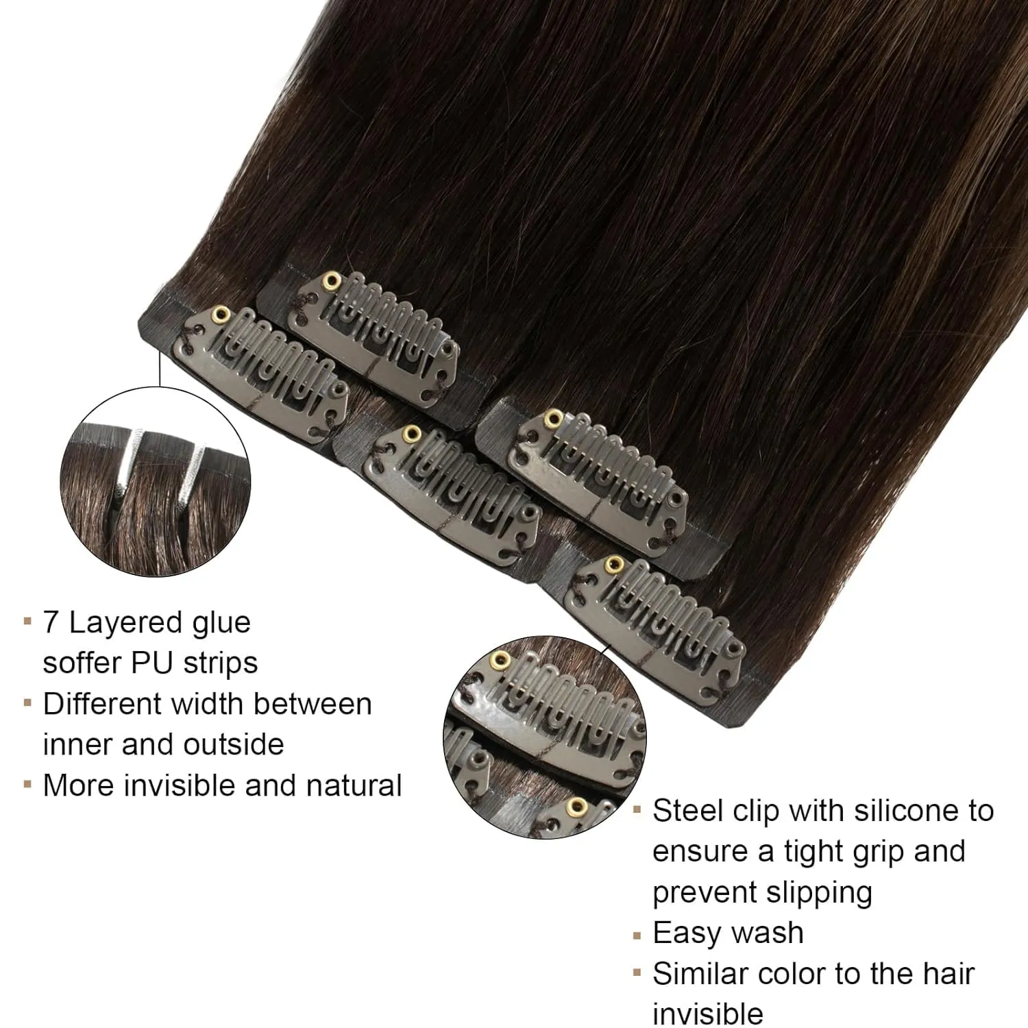 Balayage Human Hair Clip in Hair Extensions with Invisible PU Skin Weft Dark Brown Mixed Ash Brown Remy Hair Seamless Clip in Real Human Hair 30g 5pcs 16 Inch