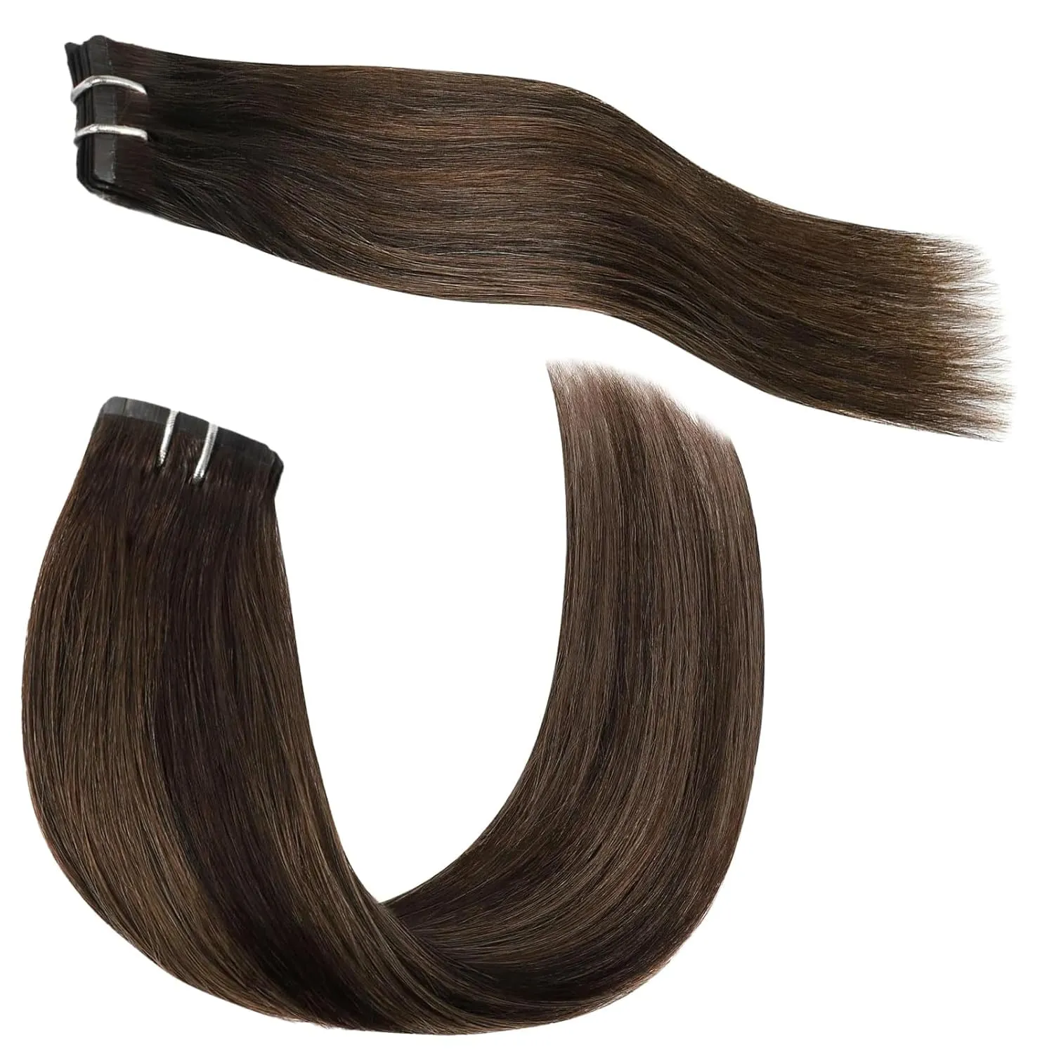 Balayage Human Hair Clip in Hair Extensions with Invisible PU Skin Weft Dark Brown Mixed Ash Brown Remy Hair Seamless Clip in Real Human Hair 30g 5pcs 16 Inch