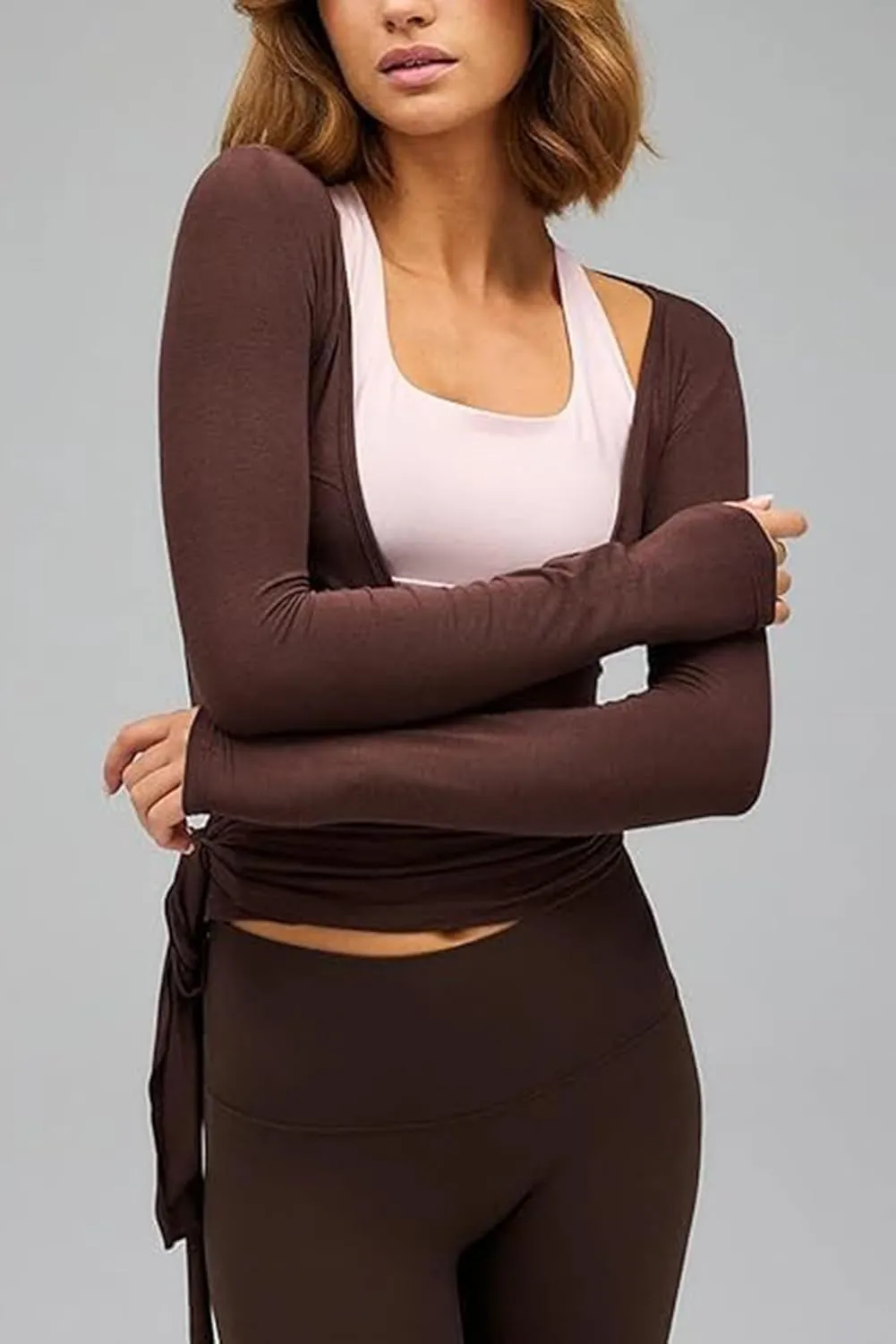 Ballet Tie Wrap Top for Women Long Sleeve Cover Up Yoga Pilates Workout Warp Shirts