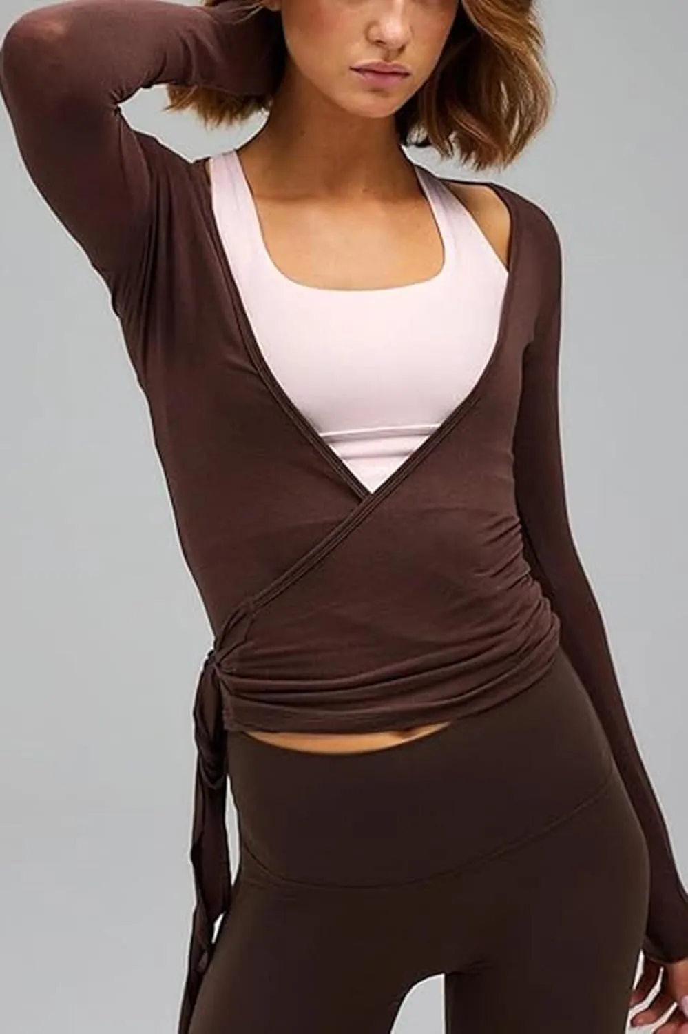 Ballet Tie Wrap Top for Women Long Sleeve Cover Up Yoga Pilates Workout Warp Shirts