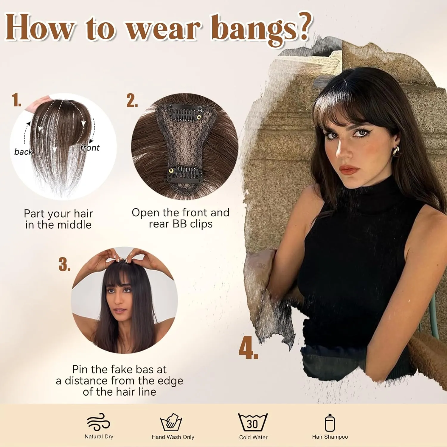 Bangs Hair Clip in Bangs 100% Real Human Hair Toppers 360°3D Cover Clip in Bangs Hair pieces for Women French Bangs for Daily Wear(5 * 7 Mocha Brown)
