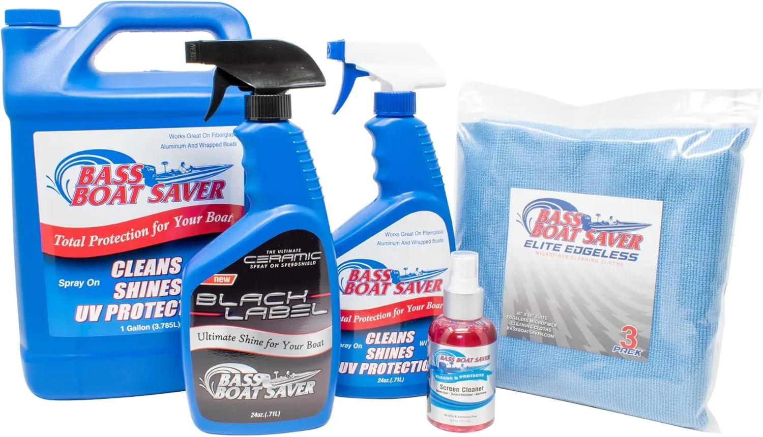 Bass Boat Saver Elite Boat Detail Kit Rapid Hard Water Spot Remover w/High-Gloss UV Wax Protection & Sonar Screen Cleaner
