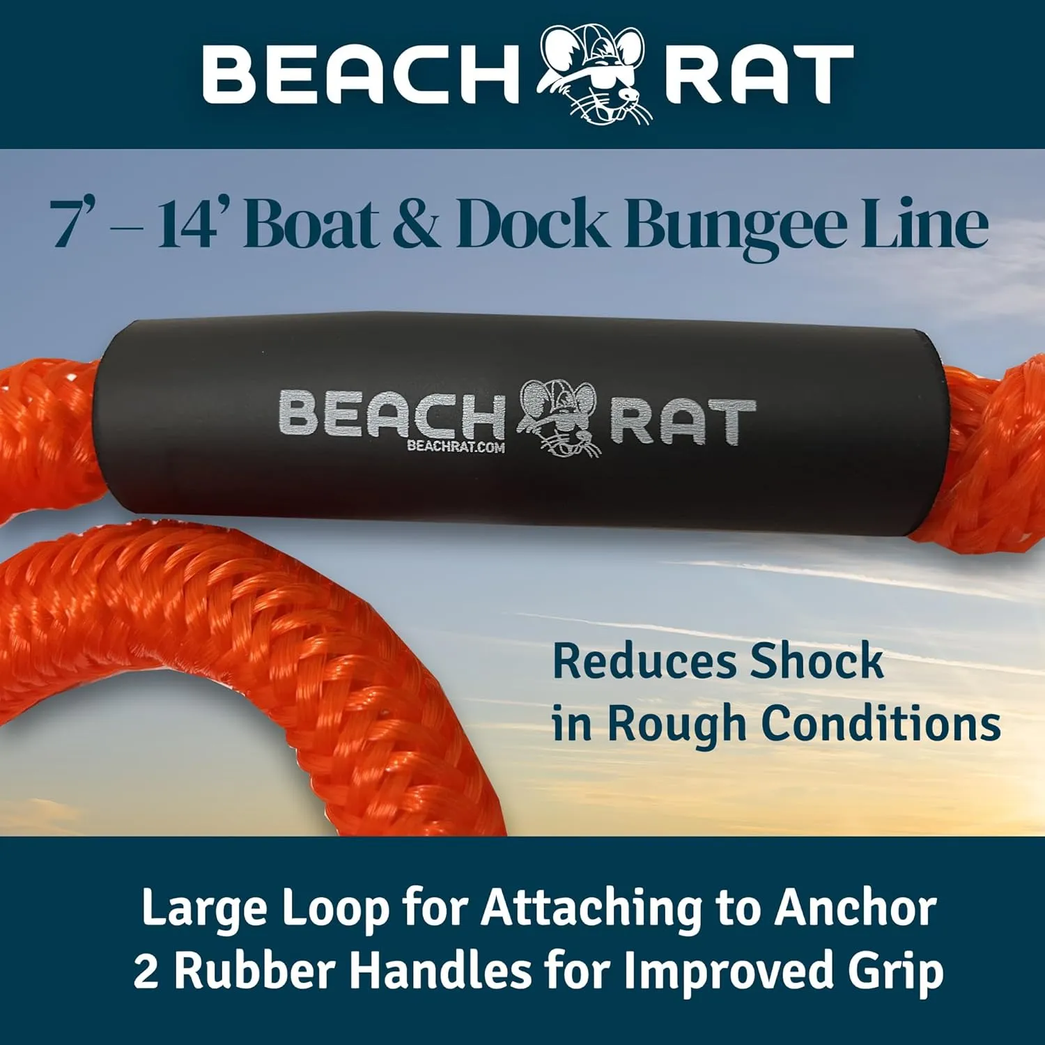 Beach Rat 7-14’ Bungee Boat Anchor & Dock Line with Stainless Steel Clip – Reduces Shock to Anchors, Docks, Cleats & Pylons – Boat Rope That Stretches – Beach Rat Anchor Accessory (Orange)