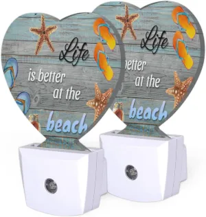Beach Wooden Quote Night Lights Plug Into Wall 2 Pack,Starfish Slipper Heart Night Light with Dusk to Dawn Sensor,LED Nightlight for Bedroom Bathroom Kids Room Nursery Hallway Stair Kitchen