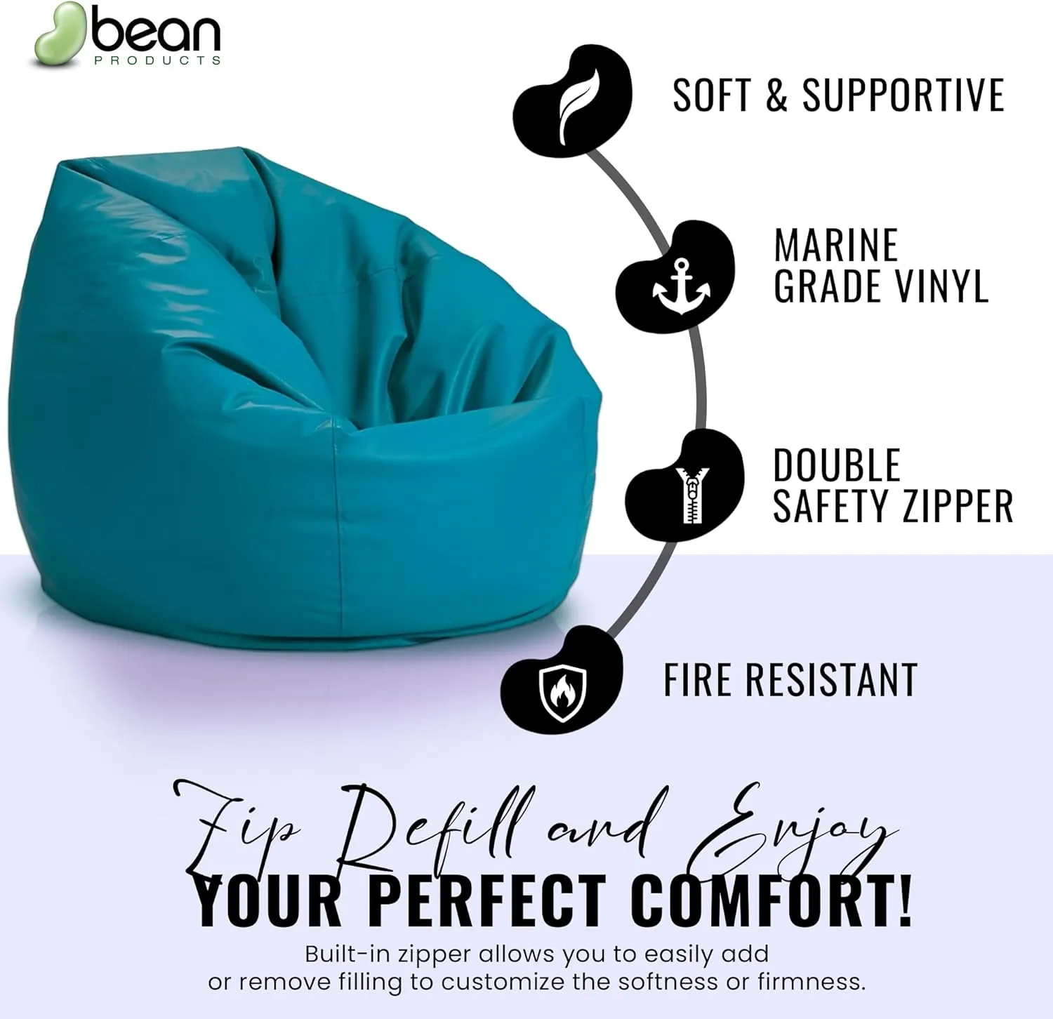 Bean Products Waterproof Large Vinyl Marine Grade Boat Bean Bag Chair | Filled w/Polystyrene Beads & CertiPUR Foam | Made in USA | 36”W, 36”L, 40”H | 20lb | 2 Sizes | Adults, Teens & Kids | Black