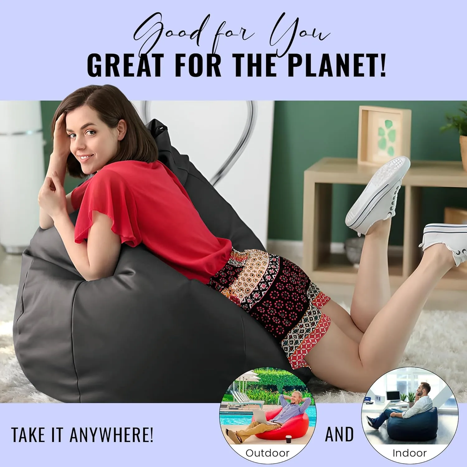 Bean Products Waterproof Large Vinyl Marine Grade Boat Bean Bag Chair | Filled w/Polystyrene Beads & CertiPUR Foam | Made in USA | 36”W, 36”L, 40”H | 20lb | 2 Sizes | Adults, Teens & Kids | Black