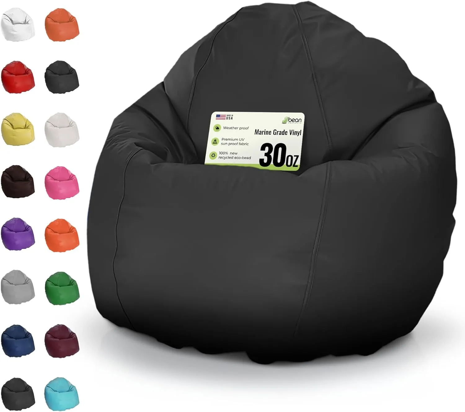 Bean Products Waterproof Large Vinyl Marine Grade Boat Bean Bag Chair | Filled w/Polystyrene Beads & CertiPUR Foam | Made in USA | 36”W, 36”L, 40”H | 20lb | 2 Sizes | Adults, Teens & Kids | Black