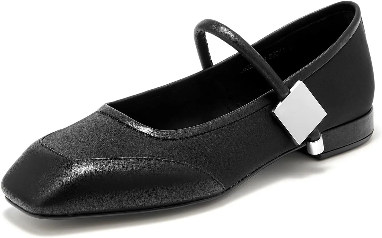 BEAU TODAY Mary Janes, Womens Ballet Flats, Leather Square Toe Mary Jane Dress Shoes for Women Business Party