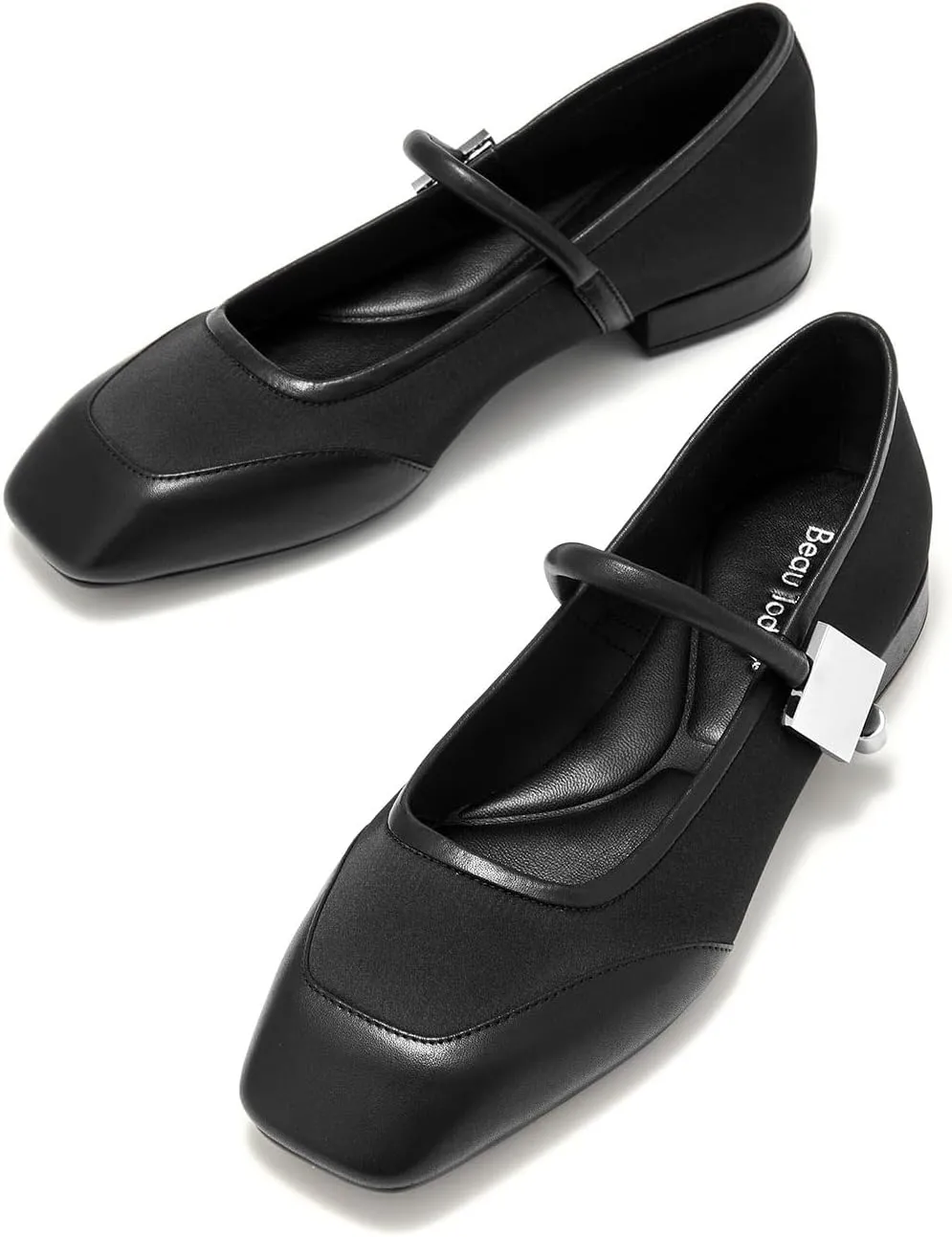 BEAU TODAY Mary Janes, Womens Ballet Flats, Leather Square Toe Mary Jane Dress Shoes for Women Business Party