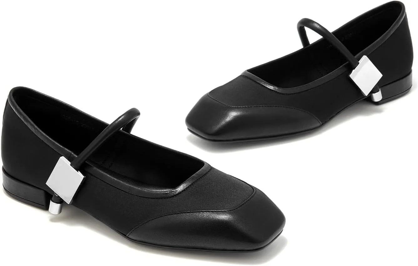 BEAU TODAY Mary Janes, Womens Ballet Flats, Leather Square Toe Mary Jane Dress Shoes for Women Business Party