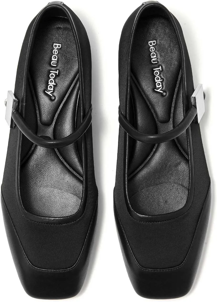 BEAU TODAY Mary Janes, Womens Ballet Flats, Leather Square Toe Mary Jane Dress Shoes for Women Business Party