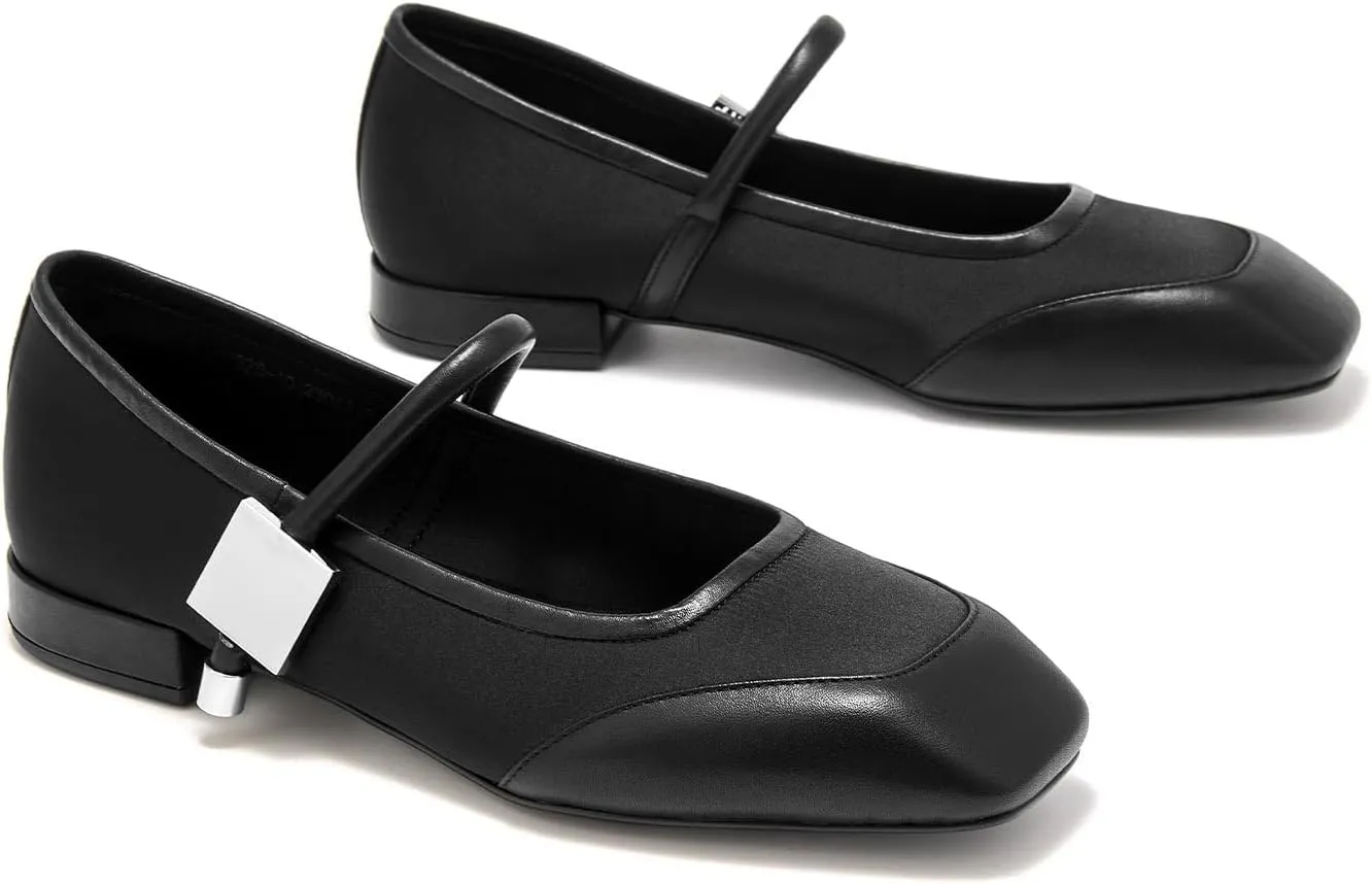 BEAU TODAY Mary Janes, Womens Ballet Flats, Leather Square Toe Mary Jane Dress Shoes for Women Business Party
