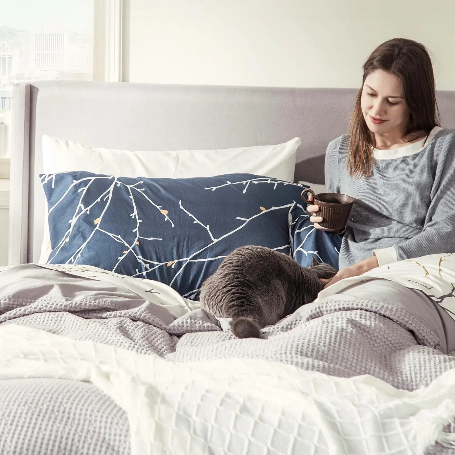 Bedsure Queen Comforter Sets - 7 Pieces Floral Navy Blue Bed Set, Tree Branch Pattern Printed Bed in a Bag Queen with Comforter, Sheets, Pillowcases & Shams