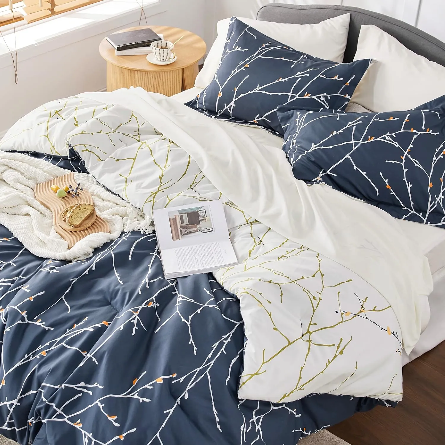 Bedsure Queen Comforter Sets - 7 Pieces Floral Navy Blue Bed Set, Tree Branch Pattern Printed Bed in a Bag Queen with Comforter, Sheets, Pillowcases & Shams