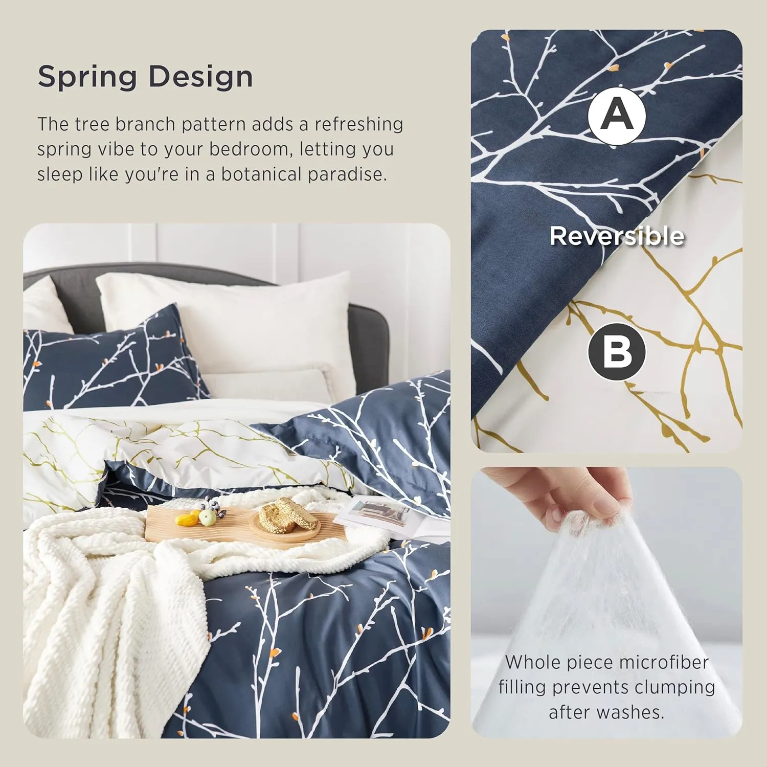 Bedsure Queen Comforter Sets - 7 Pieces Floral Navy Blue Bed Set, Tree Branch Pattern Printed Bed in a Bag Queen with Comforter, Sheets, Pillowcases & Shams