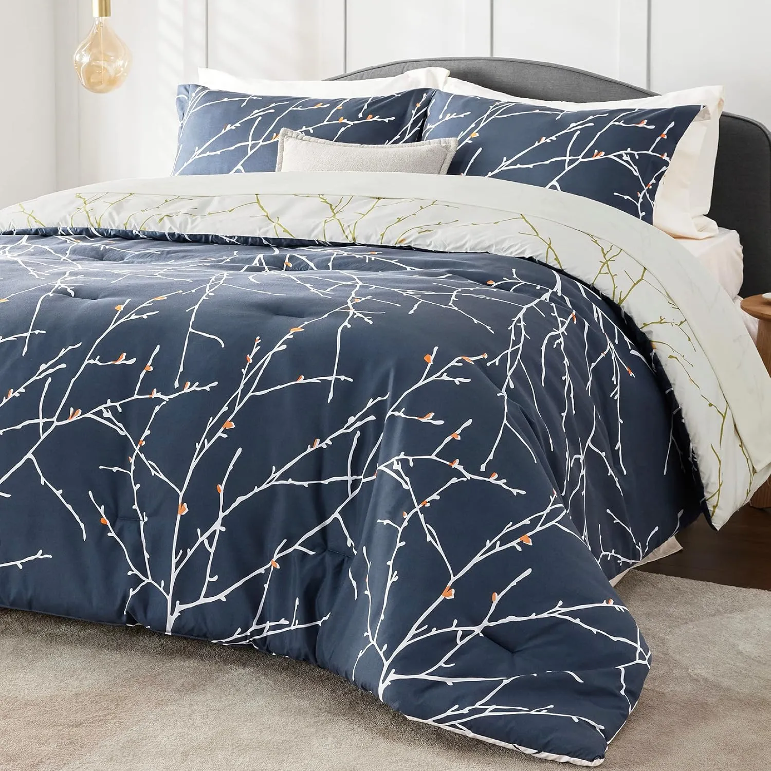 Bedsure Queen Comforter Sets - 7 Pieces Floral Navy Blue Bed Set, Tree Branch Pattern Printed Bed in a Bag Queen with Comforter, Sheets, Pillowcases & Shams