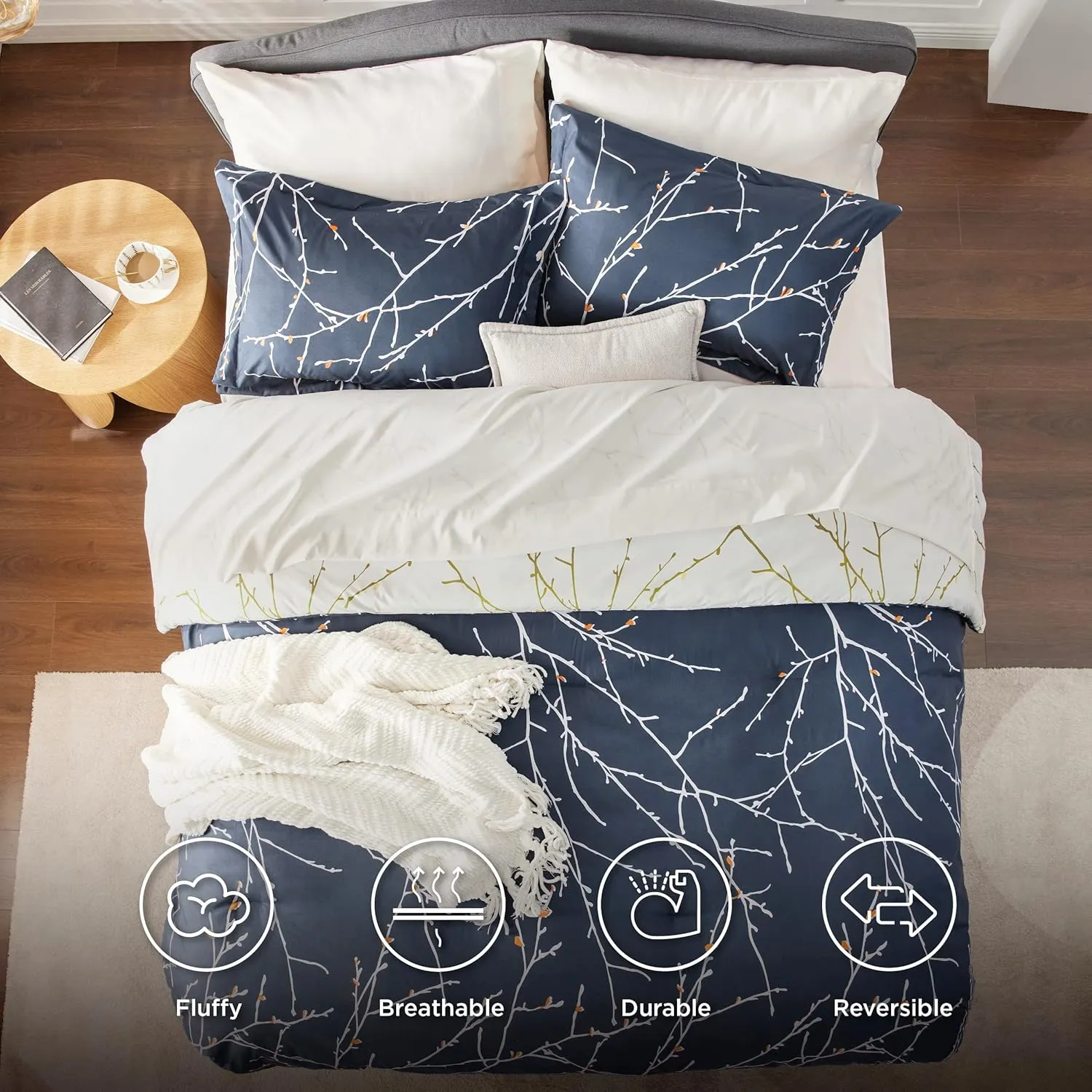 Bedsure Queen Comforter Sets - 7 Pieces Floral Navy Blue Bed Set, Tree Branch Pattern Printed Bed in a Bag Queen with Comforter, Sheets, Pillowcases & Shams