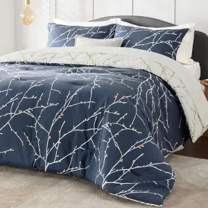 Bedsure Queen Comforter Sets - 7 Pieces Floral Navy Blue Bed Set, Tree Branch Pattern Printed Bed in a Bag Queen with Comforter, Sheets, Pillowcases & Shams