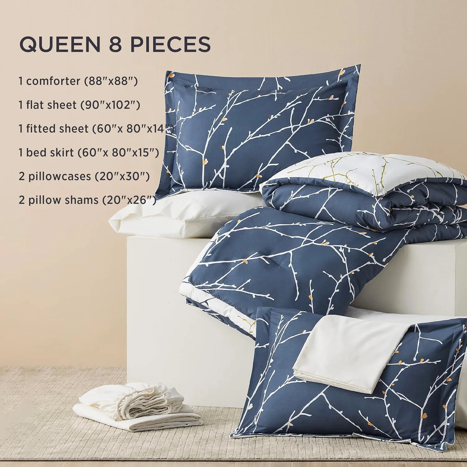 Bedsure Queen Comforter Sets - 7 Pieces Floral Navy Blue Bed Set, Tree Branch Pattern Printed Bed in a Bag Queen with Comforter, Sheets, Pillowcases & Shams