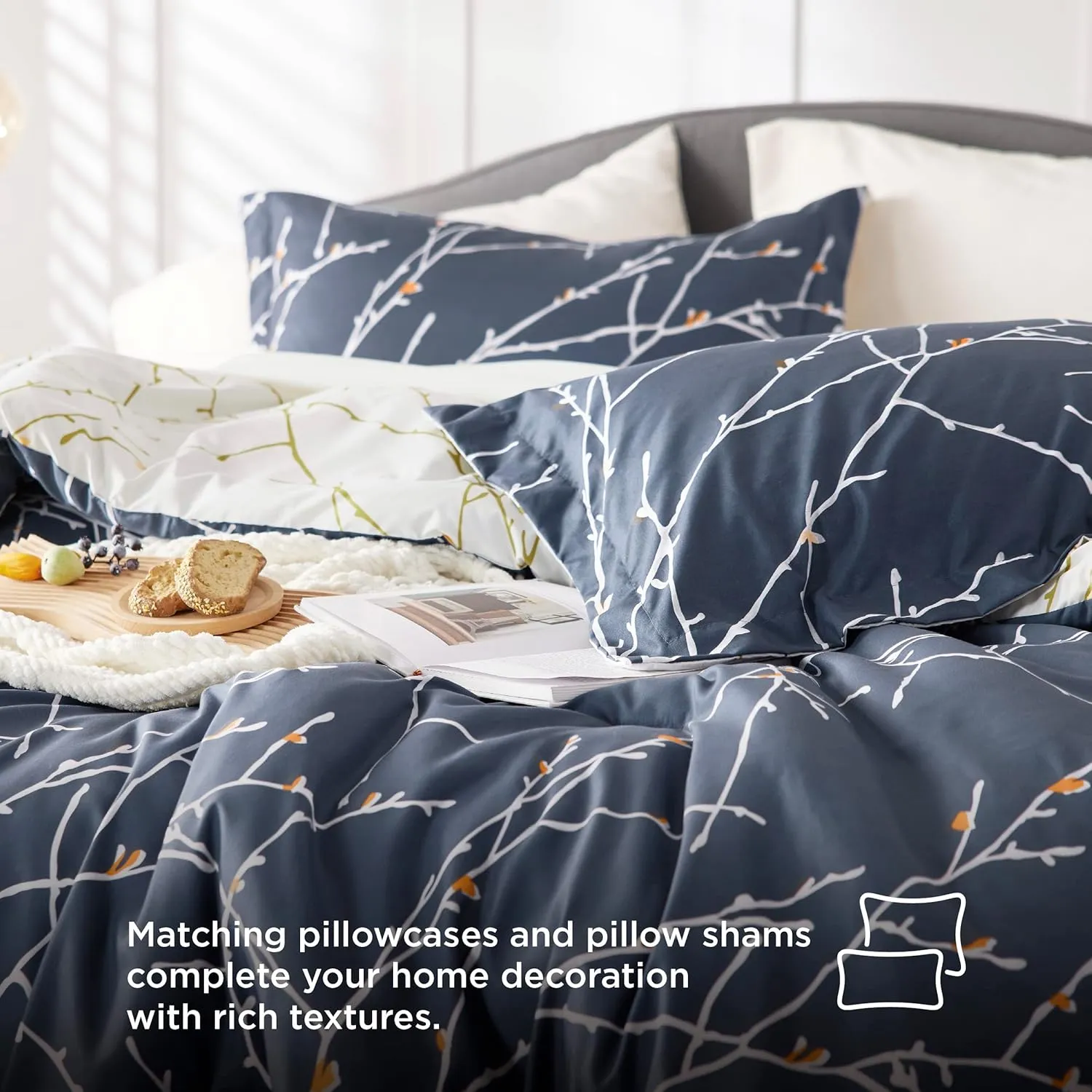 Bedsure Queen Comforter Sets - 7 Pieces Floral Navy Blue Bed Set, Tree Branch Pattern Printed Bed in a Bag Queen with Comforter, Sheets, Pillowcases & Shams
