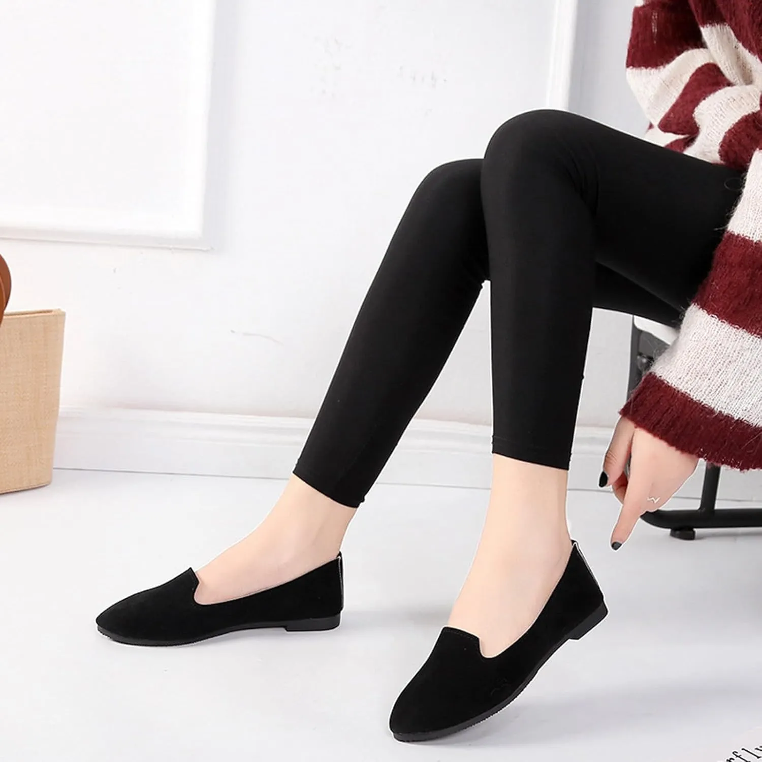 Black Flats for Women Slip on Classic Flats Comfortable Dressy Faux Suede Ballet Flats Shoes Casual Walking Flat Shoes for Women
